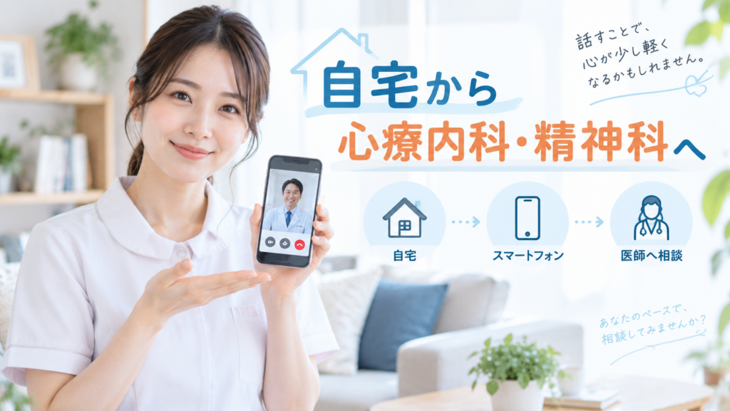 看護師さんがスマホを示しながら「オンライン診療」を案内する様子