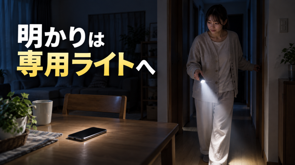 暗い室内を専用ライトで移動する人物