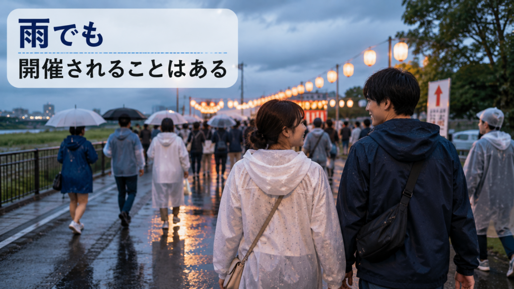 雨の夜、花火大会へ向かう男女