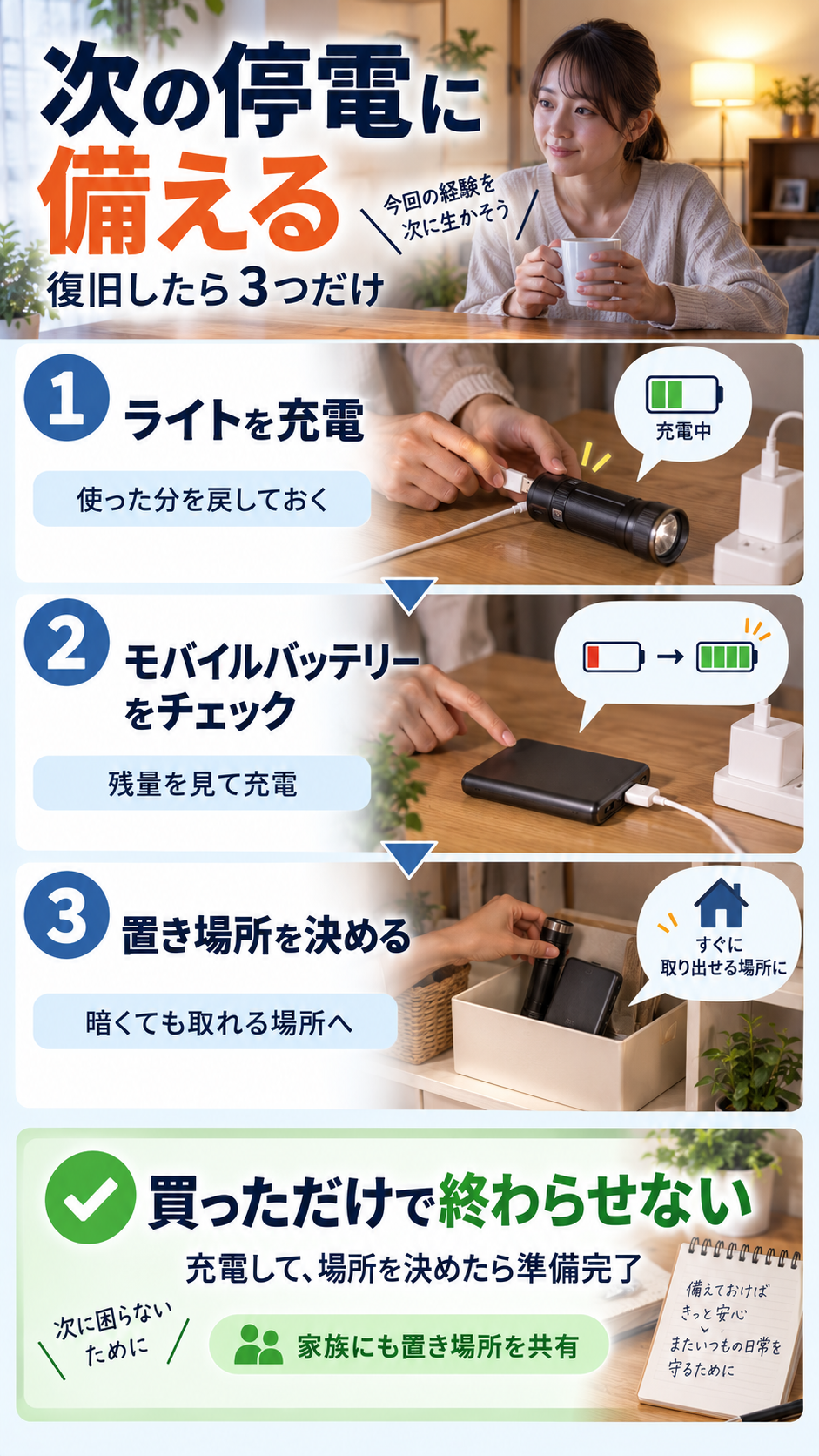 停電に備える暮らしの3ステップ
