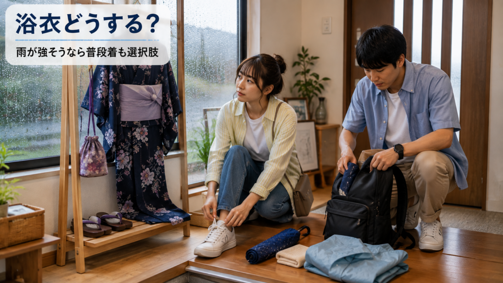 浴衣を準備していた女性が、雨を見て普段着＋スニーカーへ変更する様子