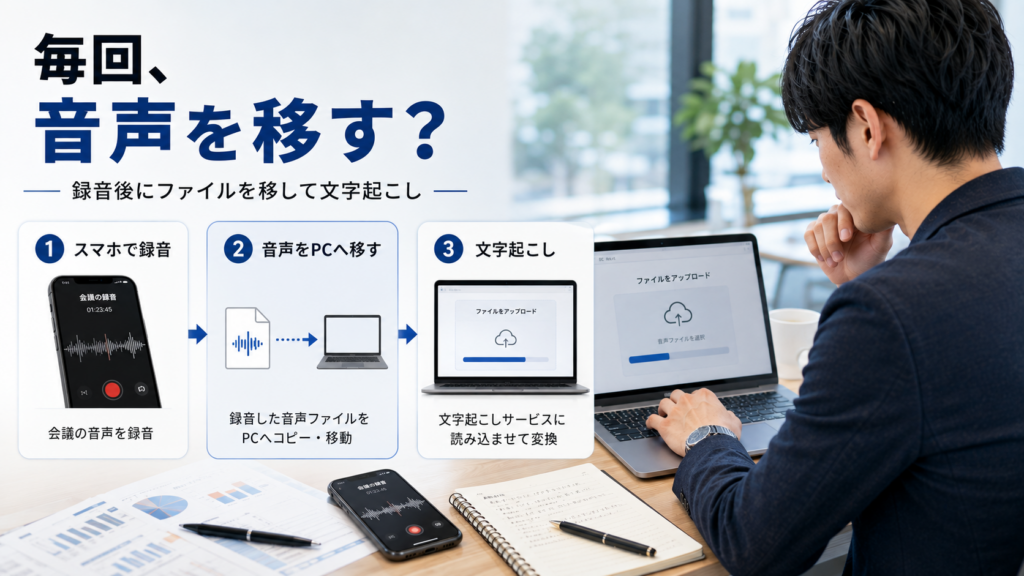 スマホ録音→PCへ音声を移す→別サービスで文字起こし、という作業をしている男性