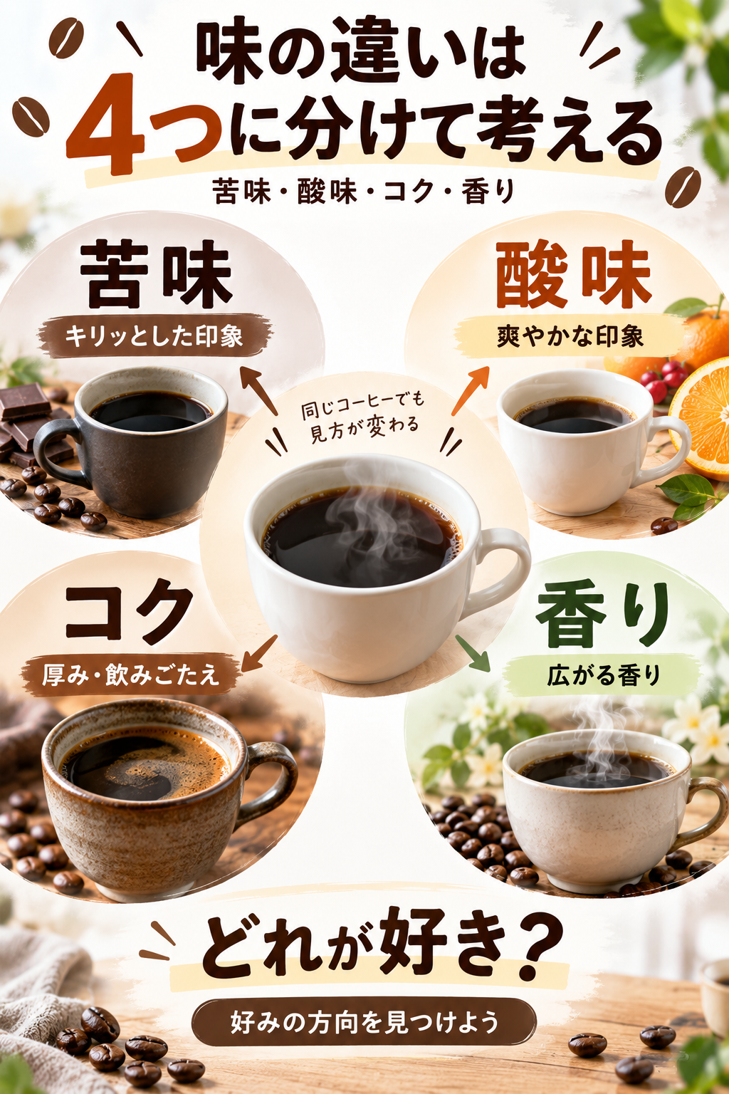 苦味・酸味・コク・香りを4方向で視覚化