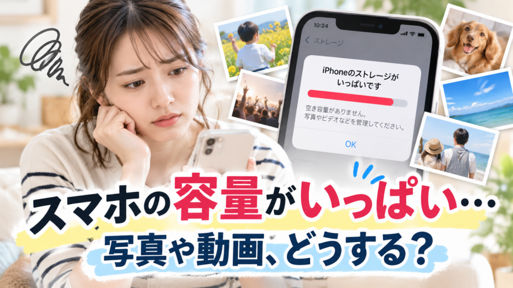 スマホ容量いっぱい、写真や動画をどうするか考えてる女性