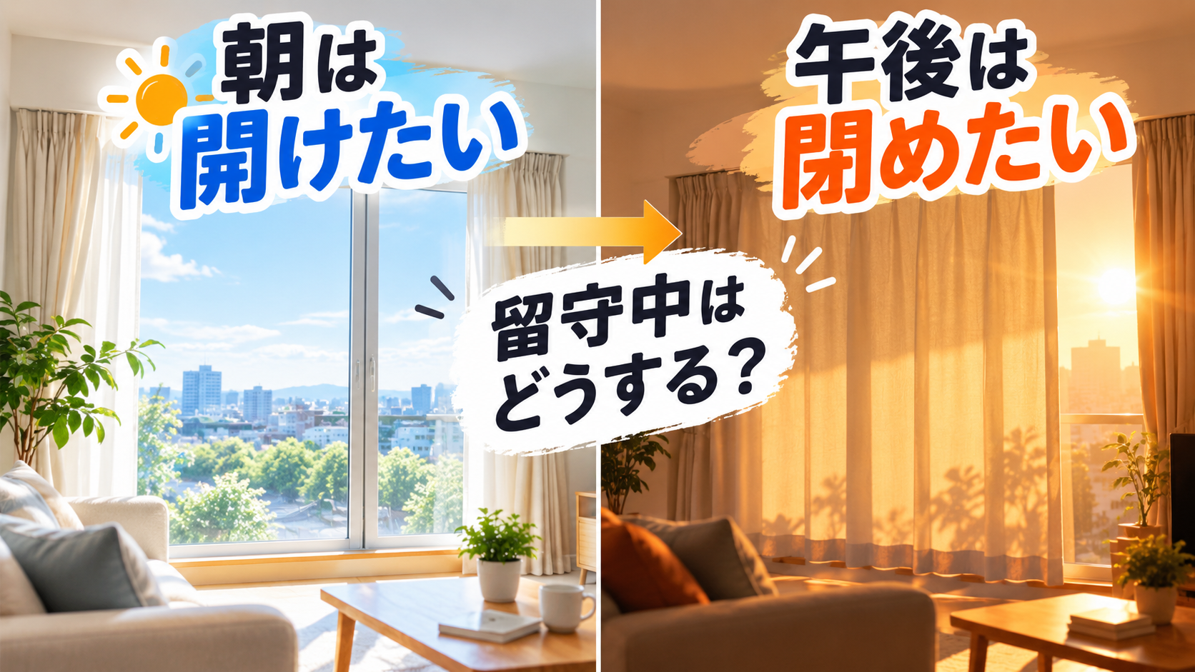 朝と午後のカーテンの悩み