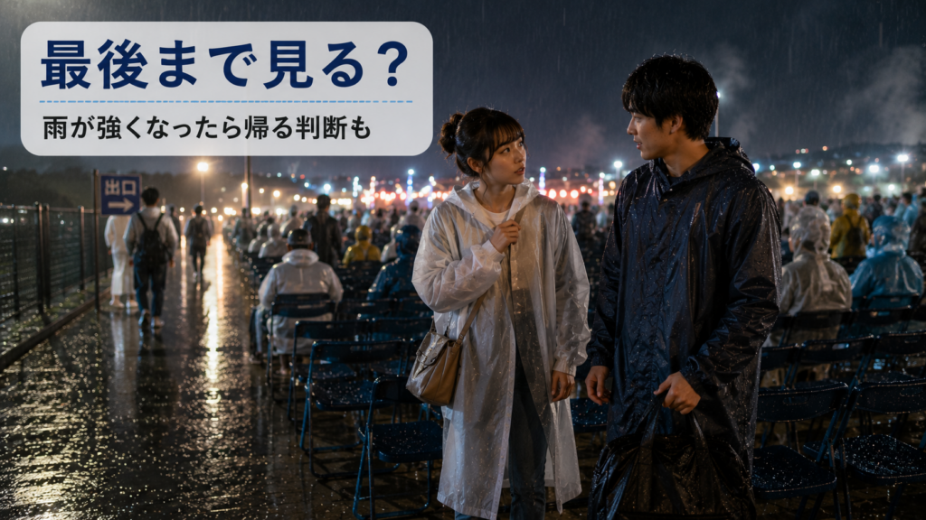 雨の会場で語り合う二人