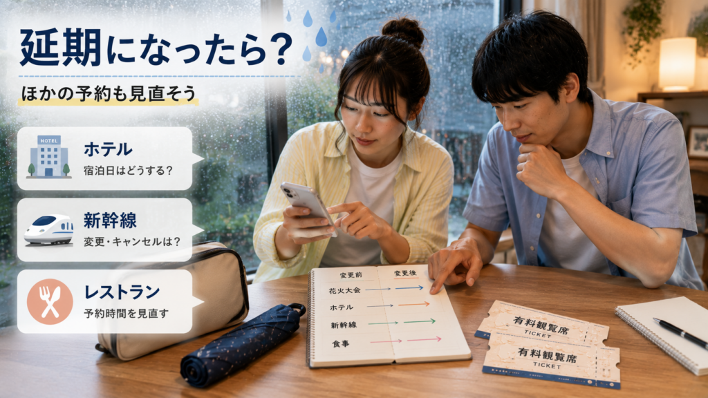 雨の日の予定変更を話し合う男女