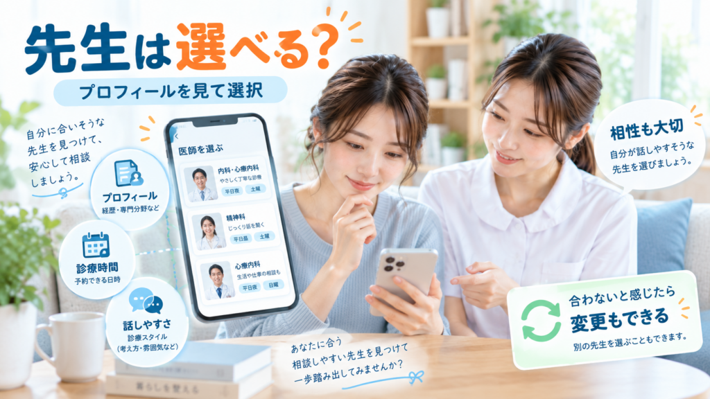 複数の医師プロフィールをスマホで見ながら選んでいる女性