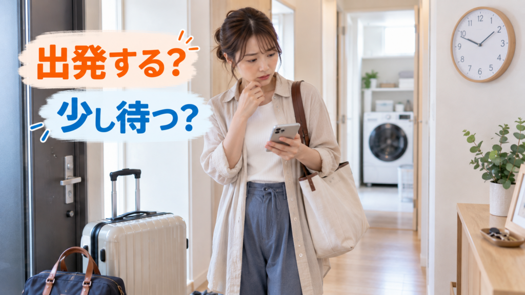 出発か待つか、玄関で迷う女性