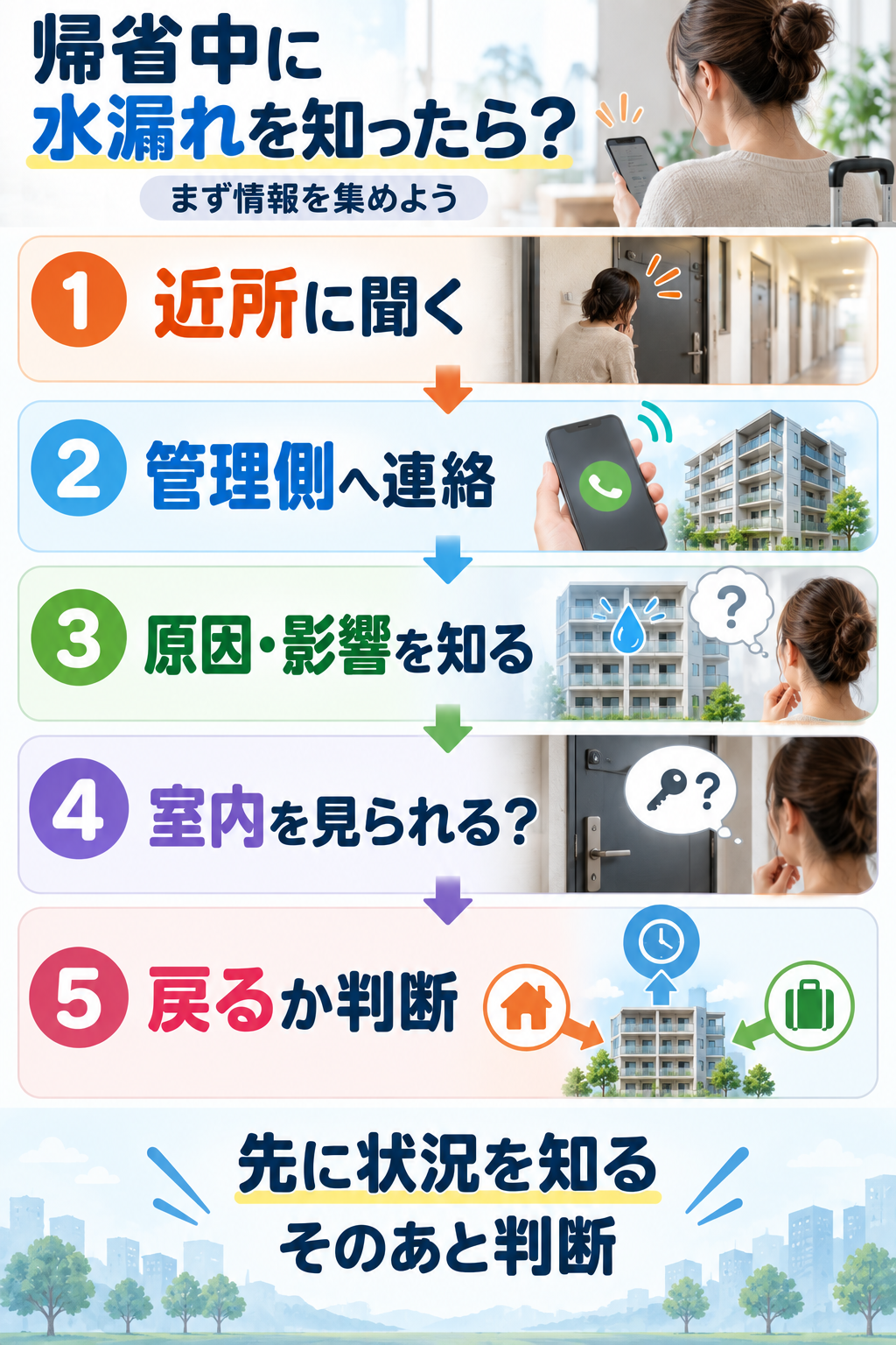 帰省中にマンションの水漏れを知ったときの対応手順