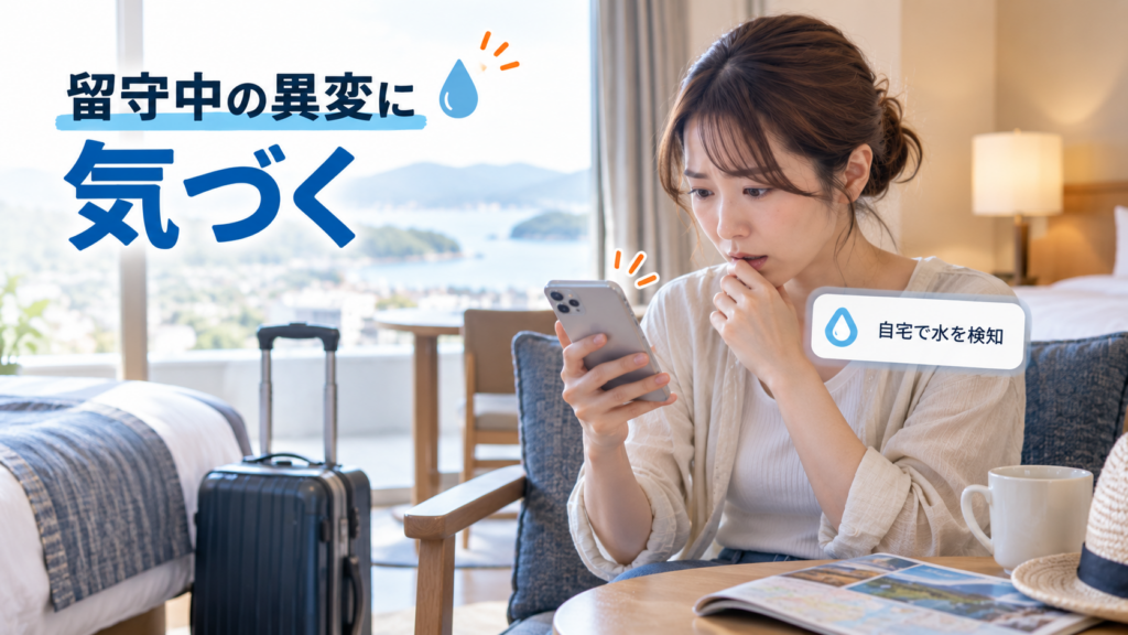 旅行先の女性がスマホで「自宅で水を検知した」通知を見る場面