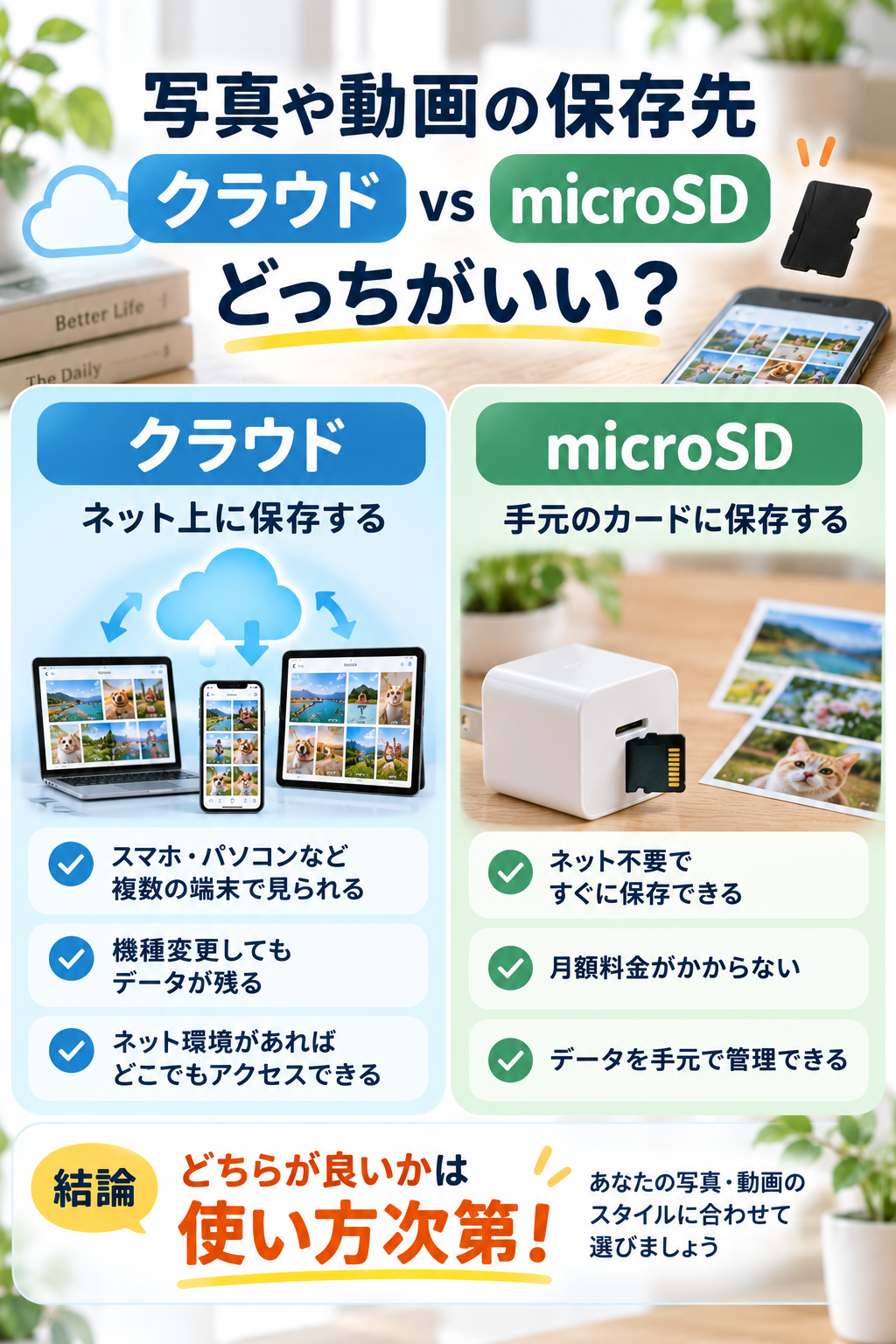 写真保存先、クラウドとmicroSD比較