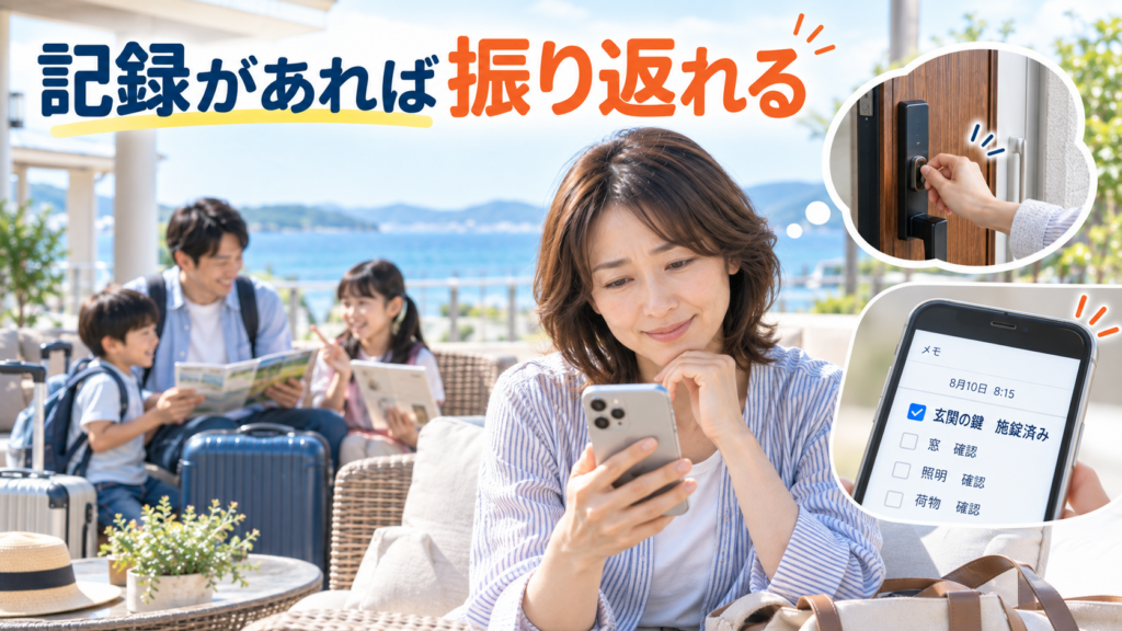 スマホの「玄関施錠済み」という記録を見て安心する女性