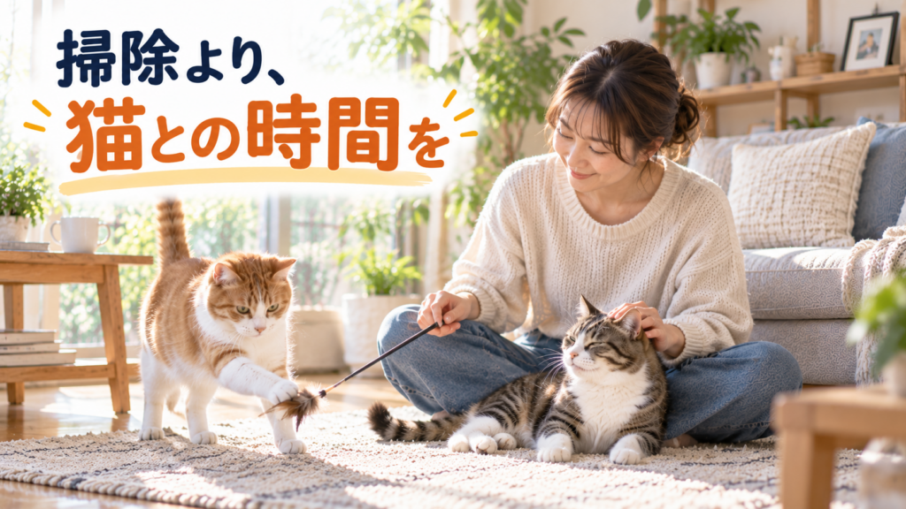 女性が掃除ではなく2匹の猫と穏やかに過ごす様子