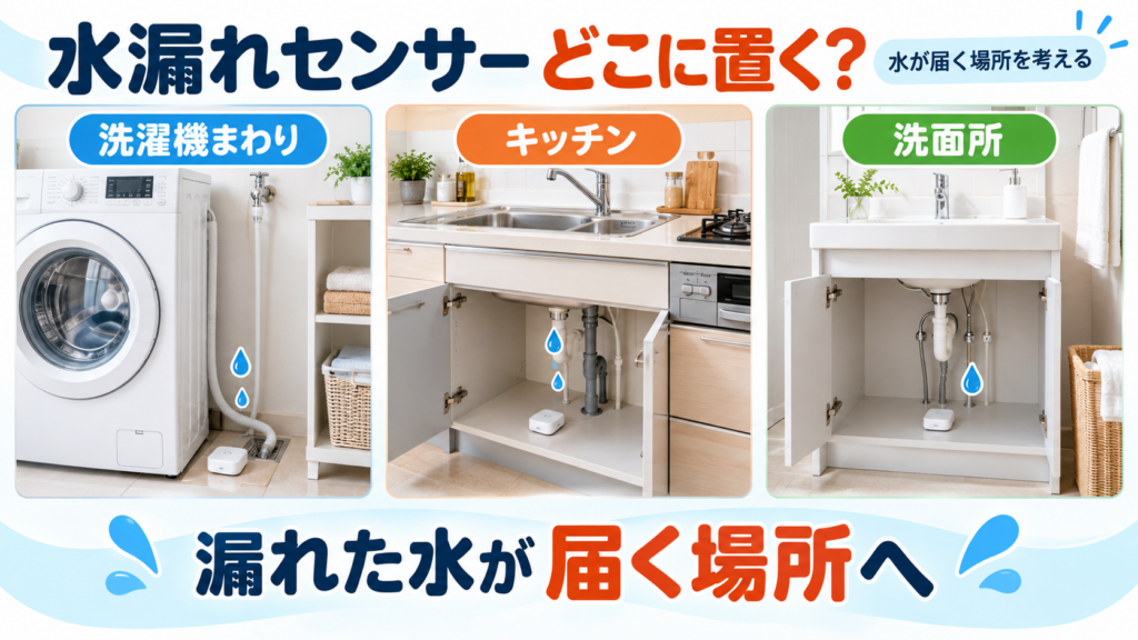 水漏れセンサーを洗濯機やキッチンなど水漏れが起こりやすい場所に設置する例