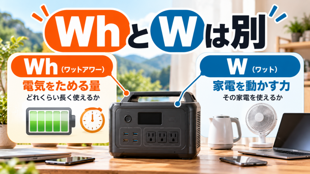 WhとWがわかるポータブル電源図解