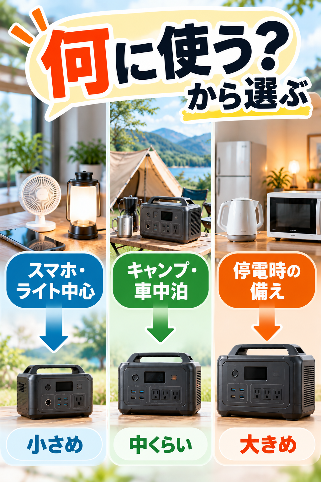 用途で選ぶポータブル電源サイズ