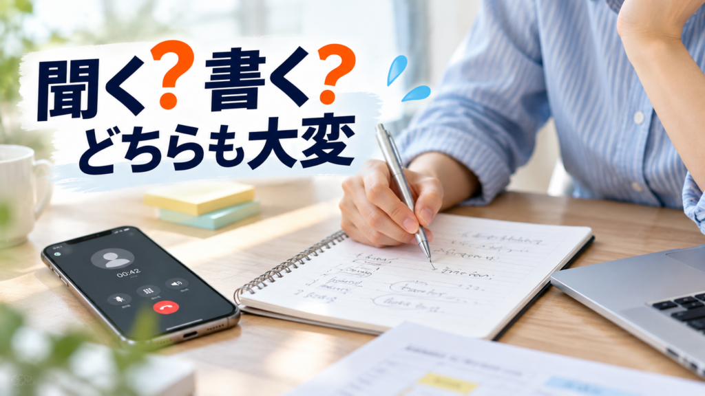 通話しながら議事メモを書く仕事風景