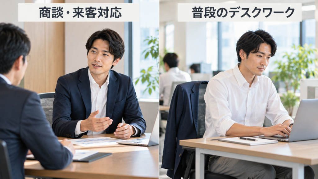 商談とデスクワークのジャケット有無の対比