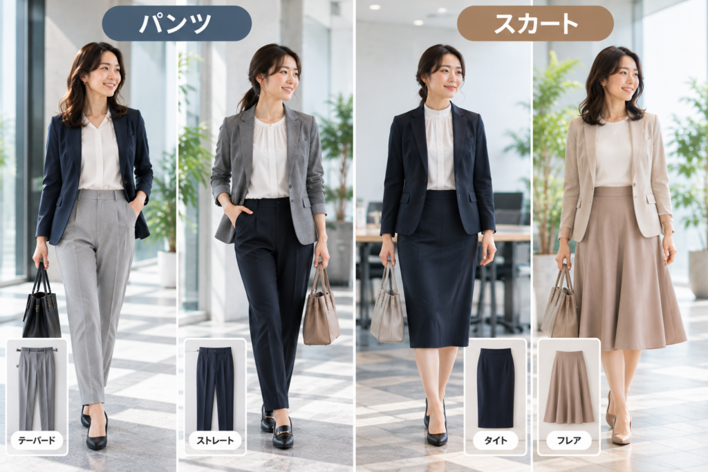 パンツとスカートのオフィススタイル比較