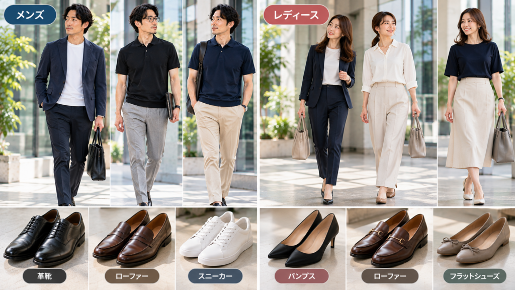 メンズとレディースのビジネスカジュアル靴コーデ
