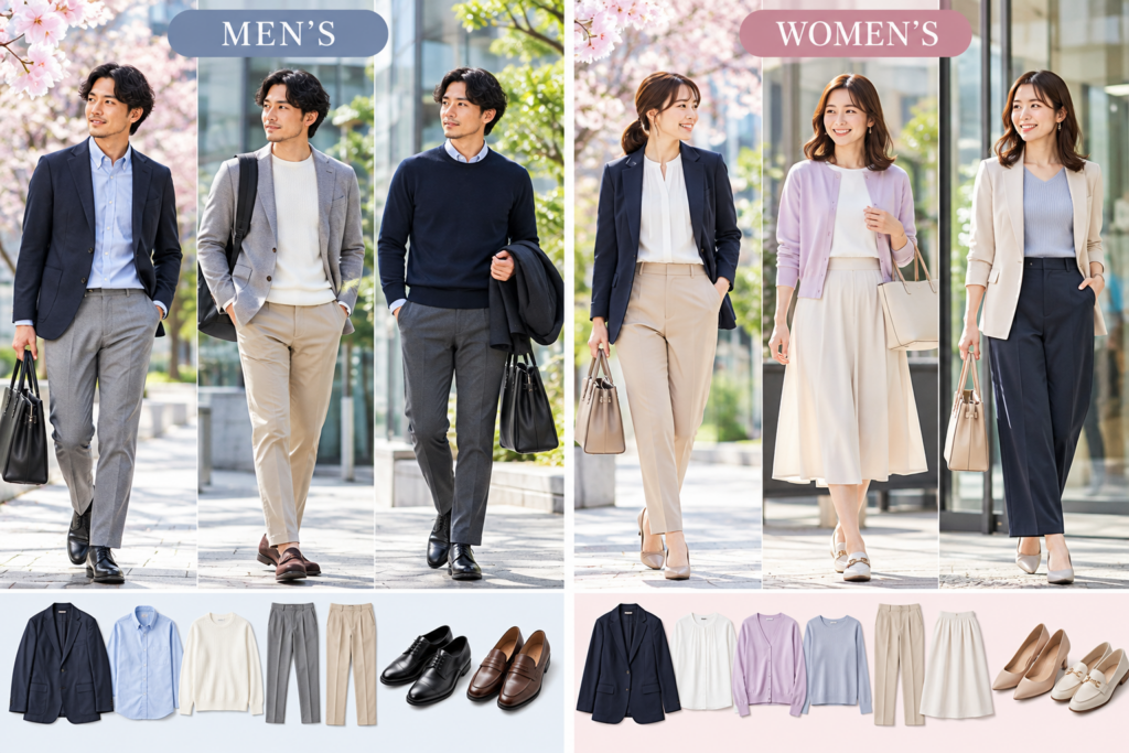 春の男女ビジネスカジュアルコーデ