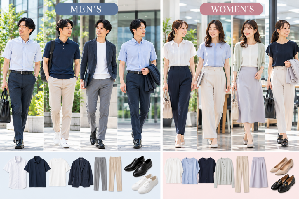夏のビジネスカジュアル男女コーデ