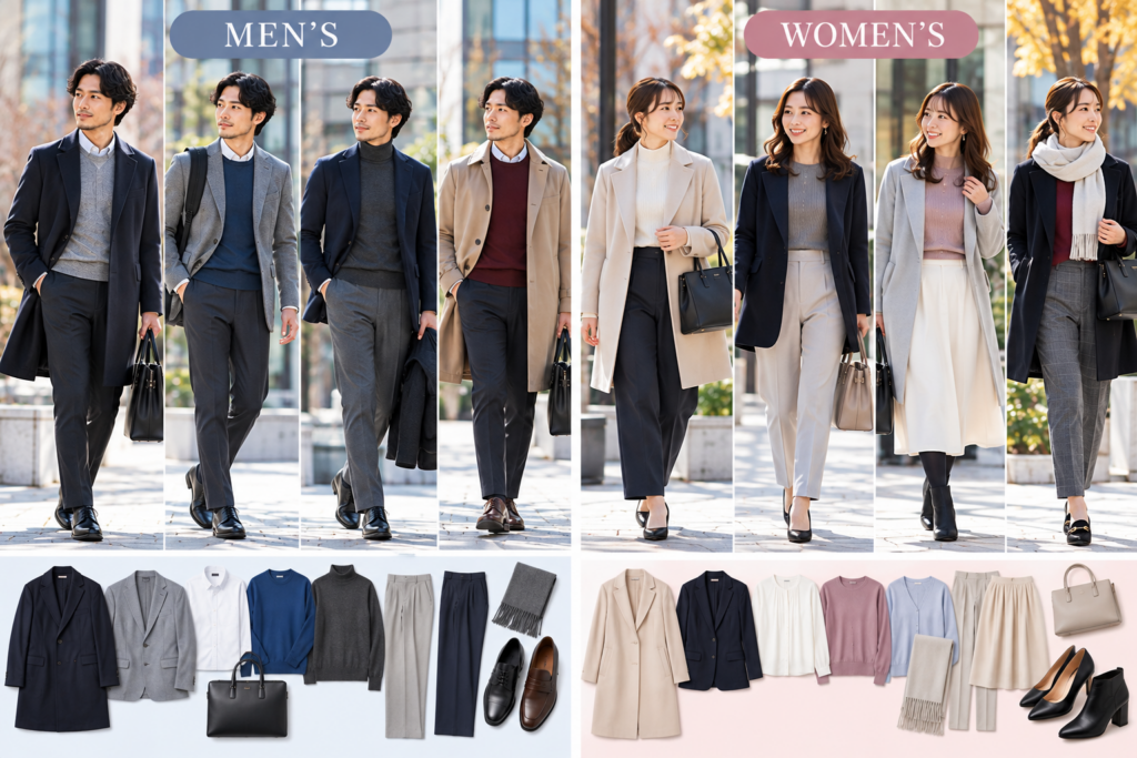 冬のビジネスカジュアル男女別コーデ例