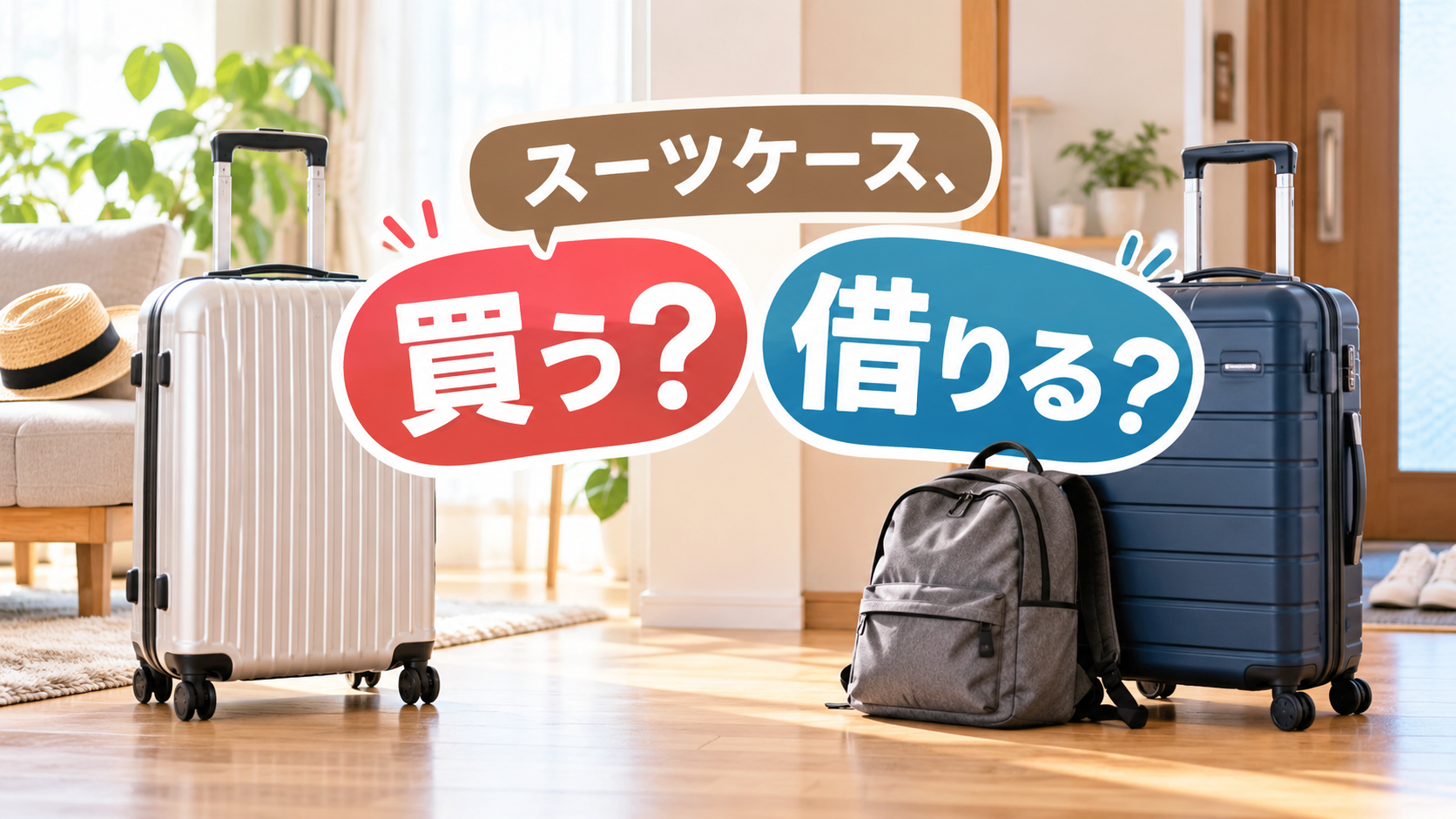スーツケースを買うかレンタルするか比較するイメージ。2つのスーツケースと旅行用バッグ