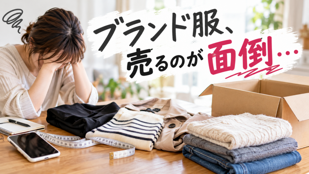 メルカリでブランド服を売るための写真撮影や採寸に疲れ、洋服とスマホを前に頭を抱える女性
