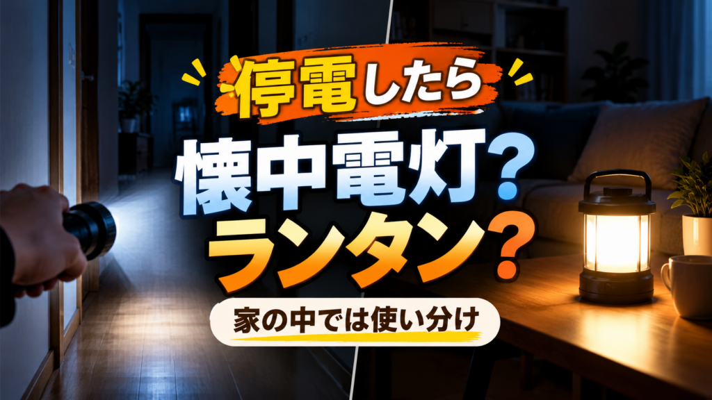 停電した家の中で懐中電灯とランタンを使い分けるイメージ