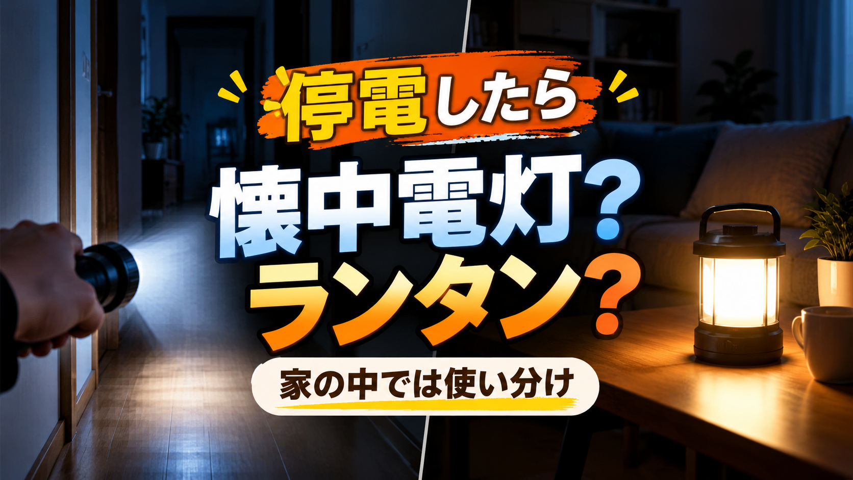 停電した家の中で懐中電灯とランタンを使い分けるイメージ